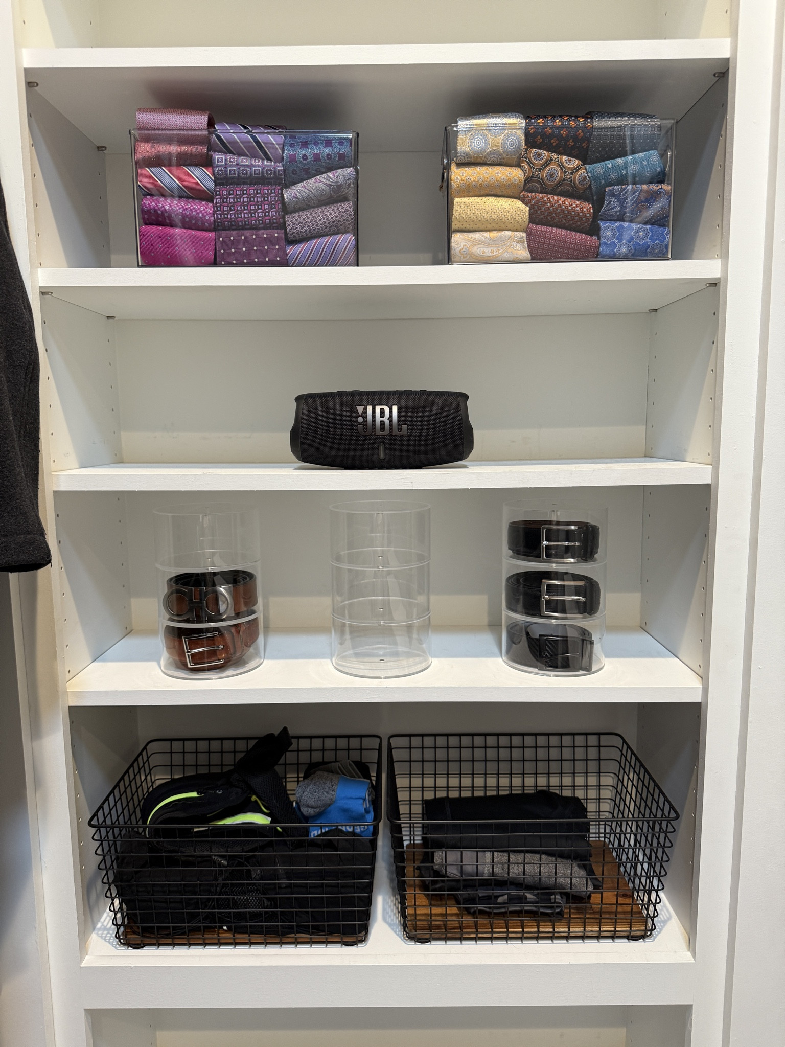 Men’s closet organization with belt holders and tie display. Bins are medium size 

#LTKHome