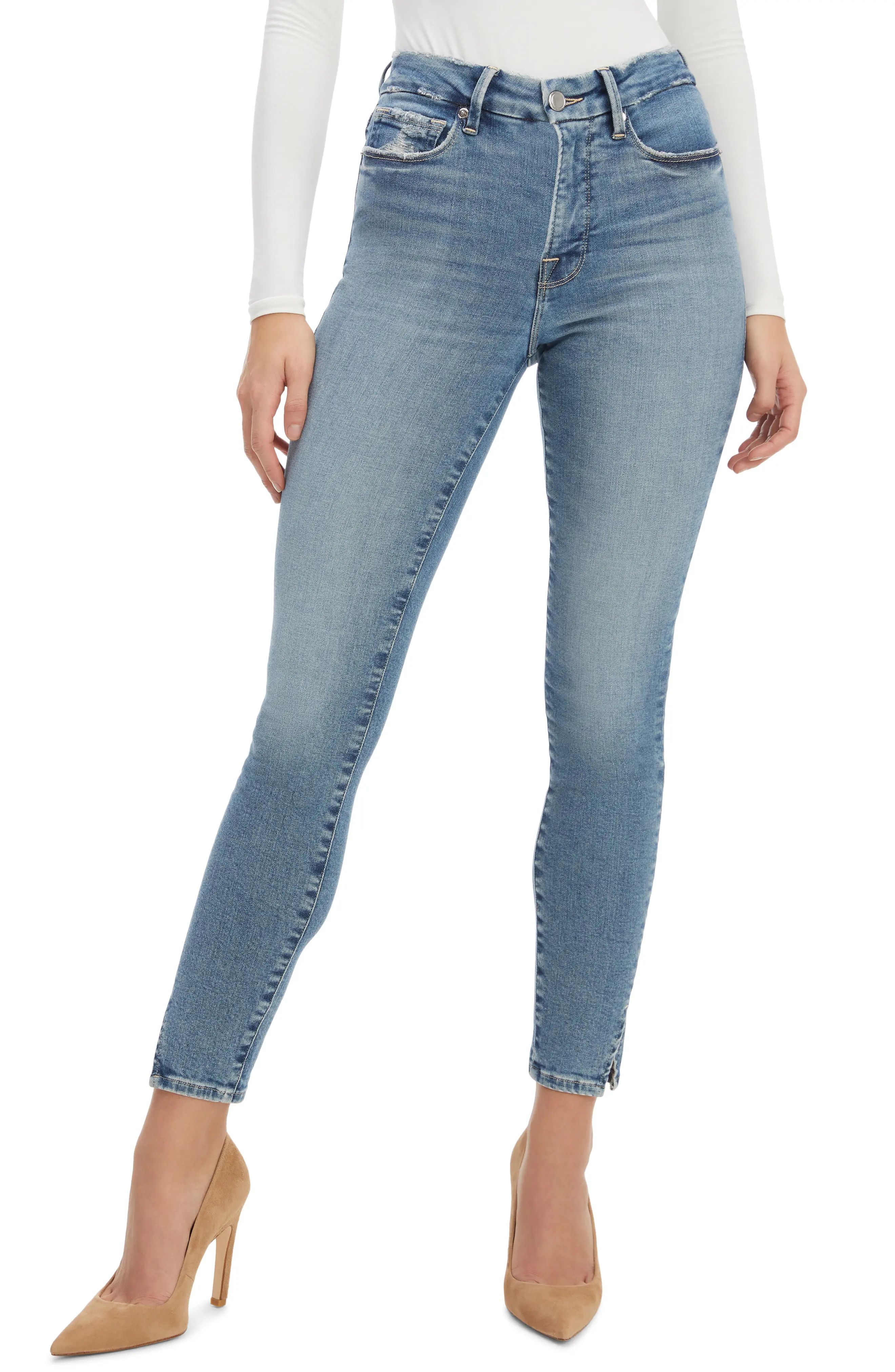 Good American Good Legs Crop Slit Jeans in Blue667 at Nordstrom, Size 14 | Nordstrom