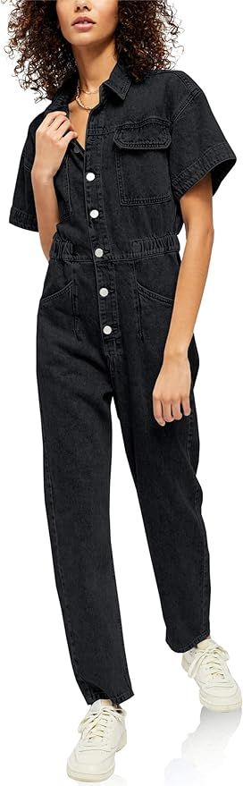 PLNOTME Womens Short Sleeve Denim Jumpsuit Button Down Elastic Waist Jeans Long Pants Romper with... | Amazon (US)