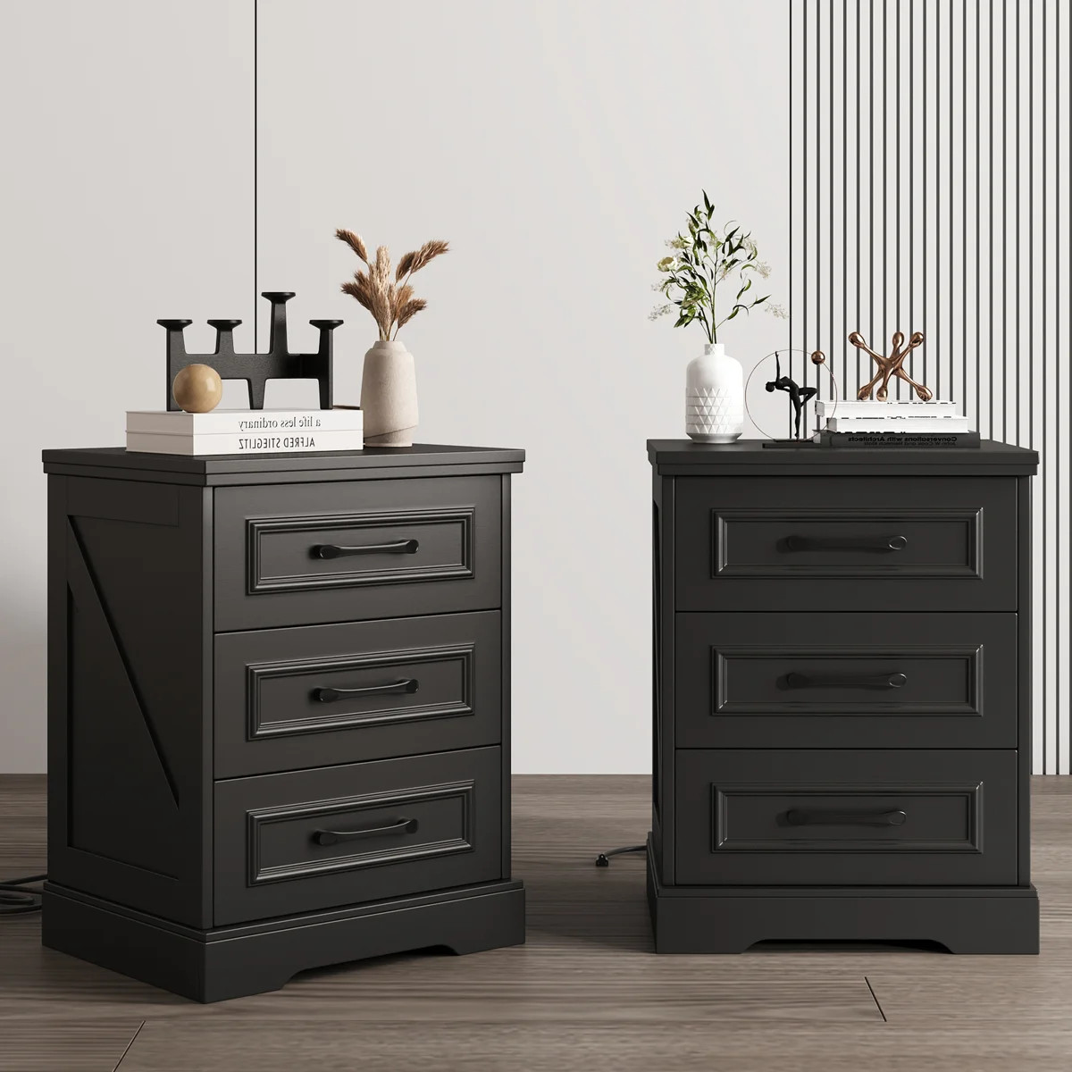Valera Farmhouse Nightstand With Charging Station, Solid Wood End Table With 3 Large Drawers & Ba... | Wayfair North America