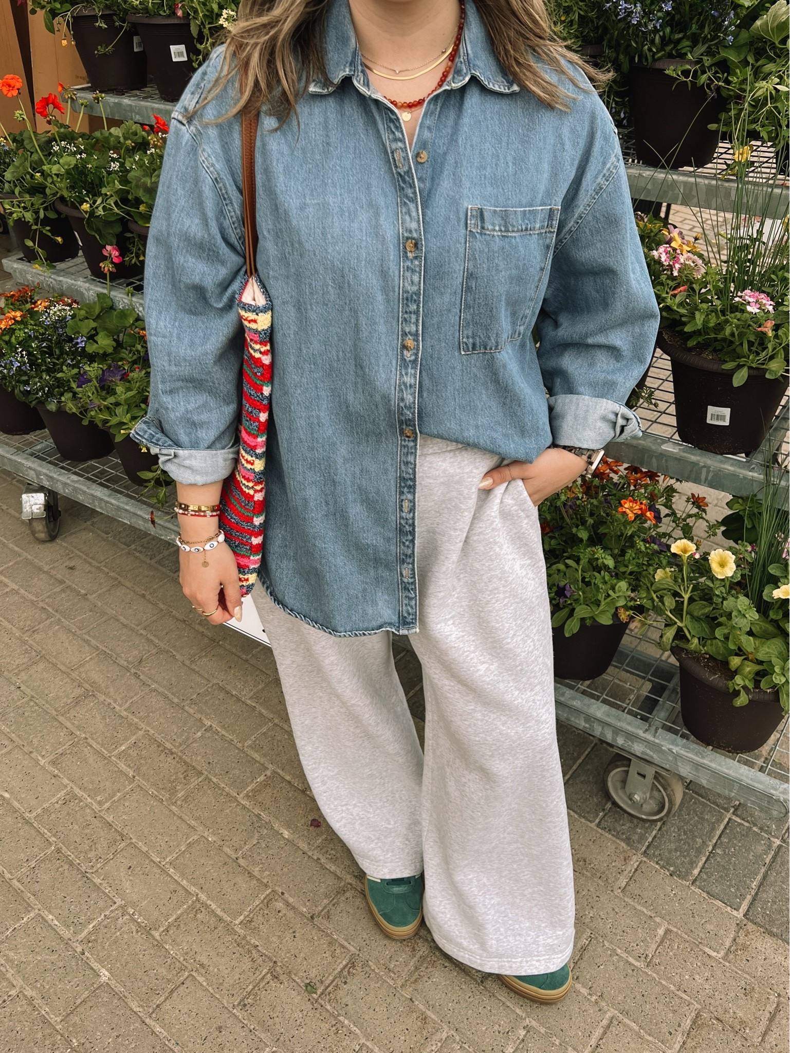 Comfy casual spring outfit! Canadian Old Navy & Gap links are under “similar products”. Wearing my usual size L in the oversized denim shirt (one of my most worn pieces!) and L in the wide leg sweatpants. This striped crochet bag is such a fun pop of color to make a simple outfit more interesting! Adidas gazelles a run a little big, I’m usually a 9.5-10 and wear a 9

#LTKmidsize #LTKstyletip #LTKbag