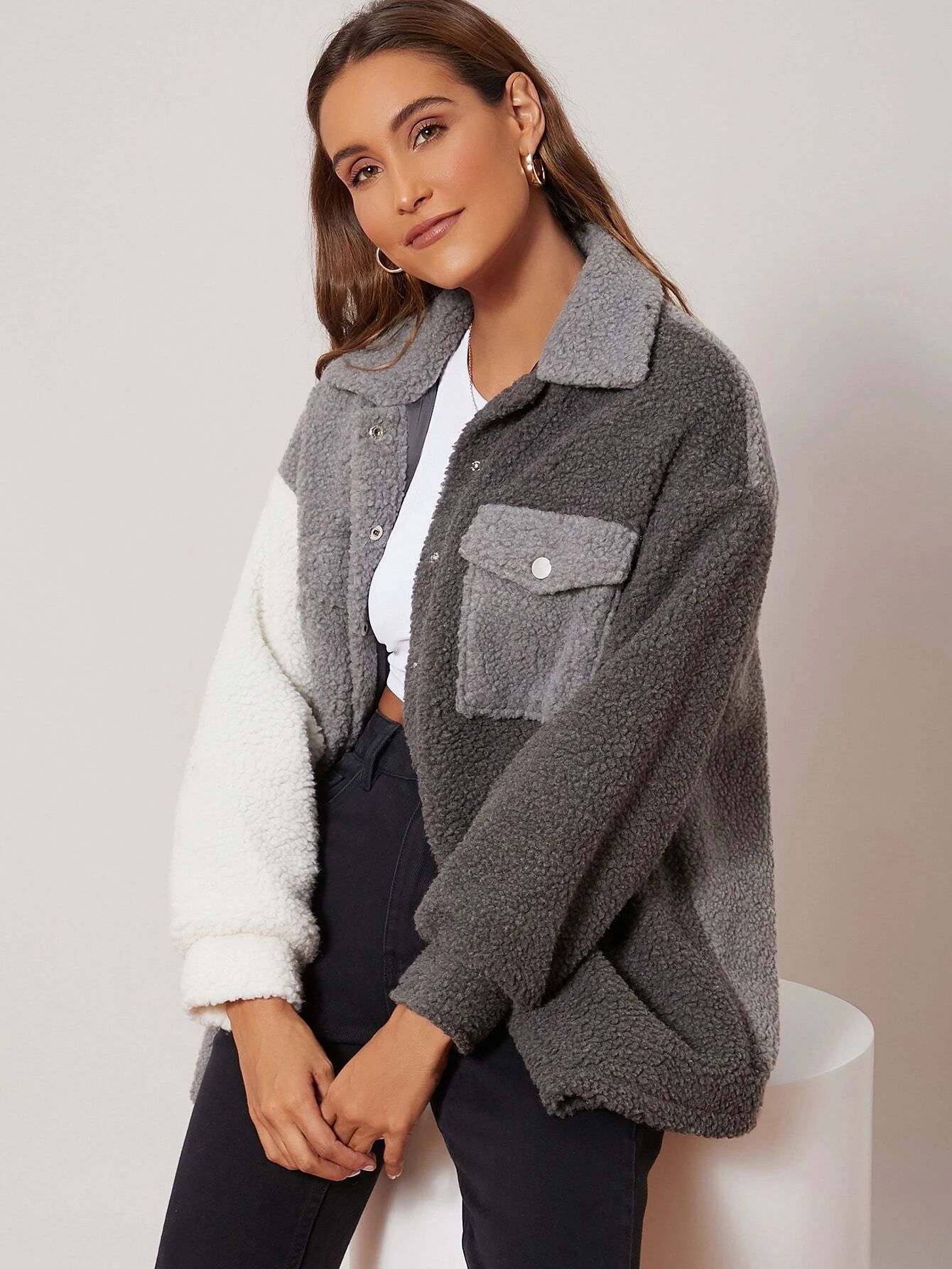 SHEIN Flap Pocket Single Breasted Colorblock Teddy Coat | SHEIN