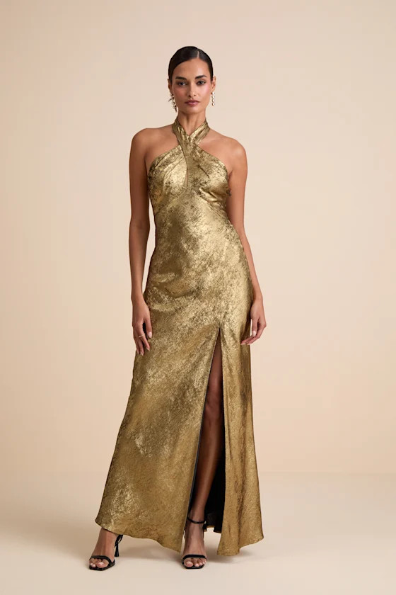 Knoxley Shiny Gold Lurex Cross-Front Halter Maxi Dress | Lulus
