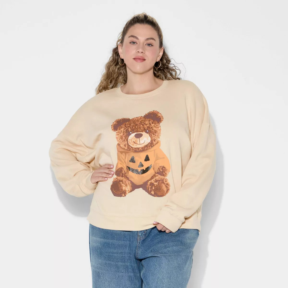 Women's Teddy Bear Pumpkin Graphic Sweatshirt - Beige M | Target