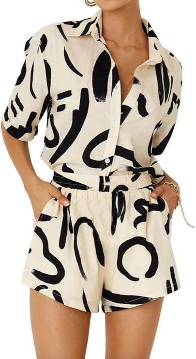 Kidlove Women's 2 Piece Casual Summer Sets Short Sleeve Button Down Shirts and Shorts Set | Amazon (US)