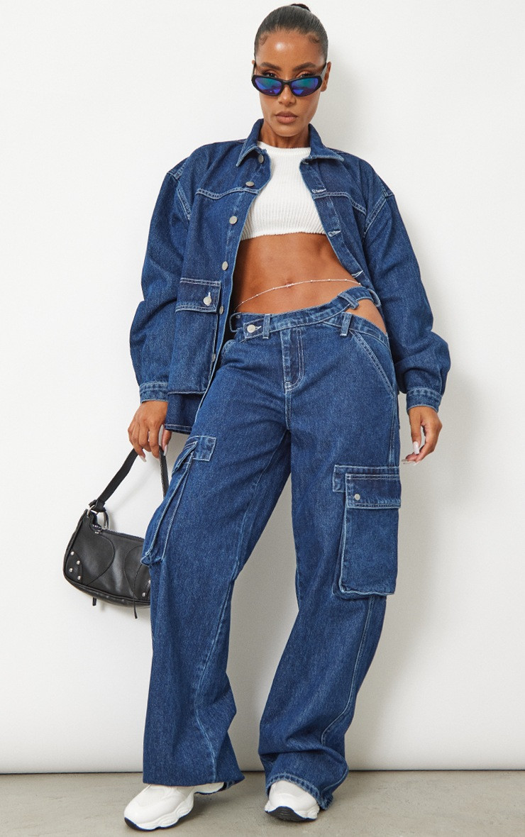 Dark Blue Wash Oversized Button Up Pocket Detail Denim Shacket | PrettyLittleThing UK