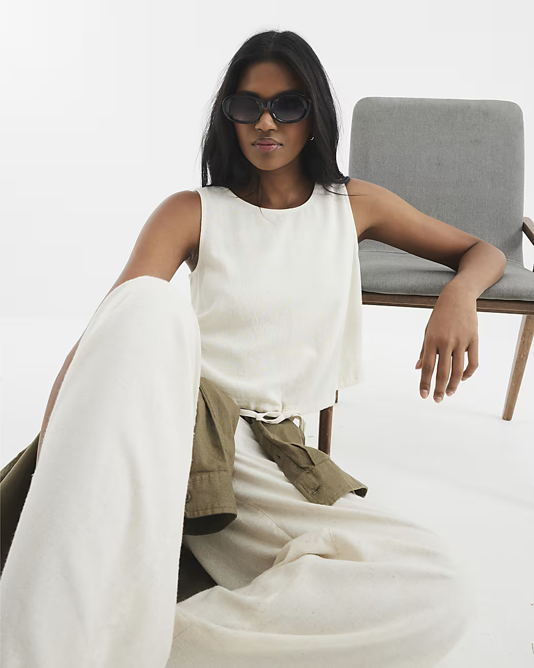 Cream Linen Blend Bubble Hem Tank Top | River Island UK & IE