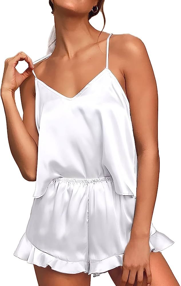 FOSHPOT Silk Pajamas for Women S-4XL Plus Size Satin Pajamas Women with Cami Top Ruffle Shorts Pj... | Amazon (US)