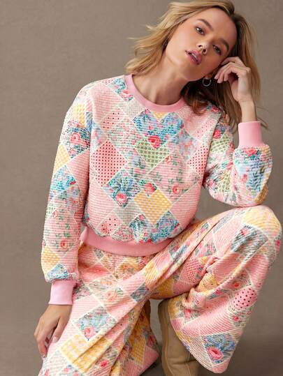 WESTFADE Patchwork Quilted Crewneck Long Sleeve Oversized Sweatshirt Casual Cute Boho Top, Fall, ... | SHEIN