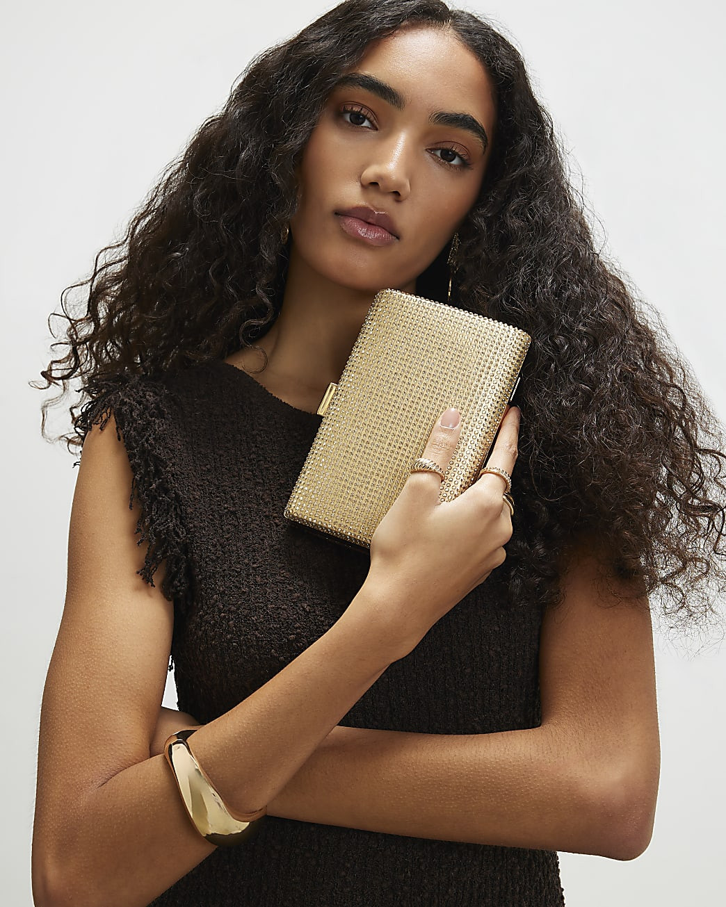 Gold Diamante Embellished Hard Clutch Bag | River Island UK & IE
