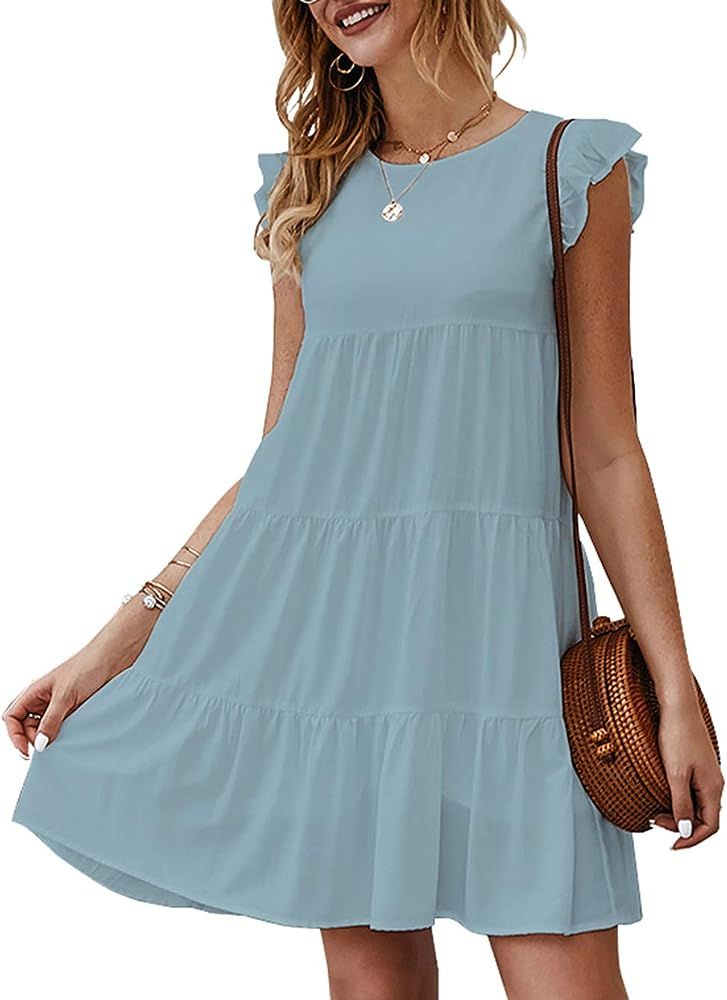 KIRUNDO 2021 Women’s Summer Mini Dress Sleeveless Ruffle Sleeve Round Neck Solid Color Loose Fi... | Amazon (US)