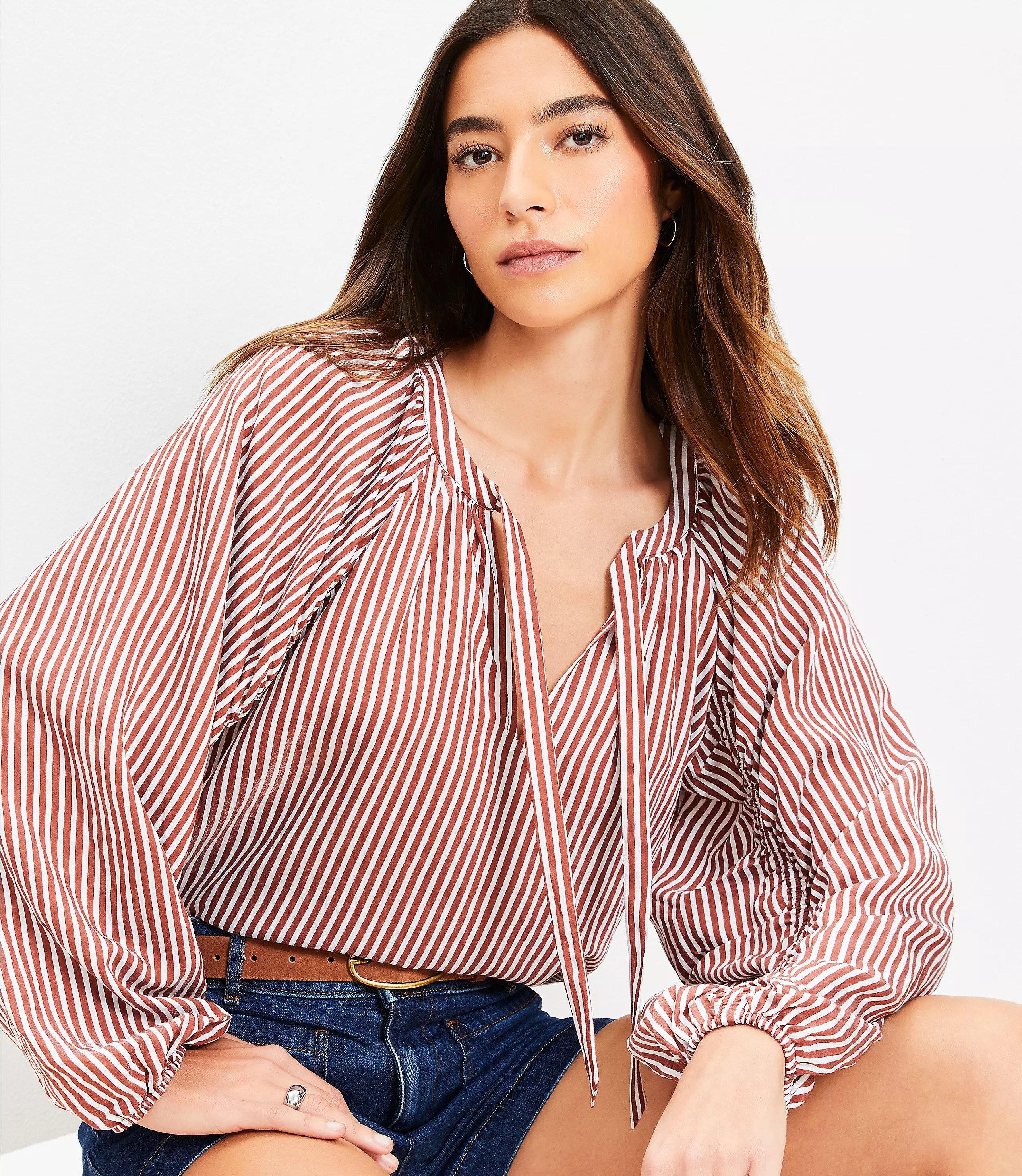 Petite Striped Ruched Sleeve Blouse | LOFT