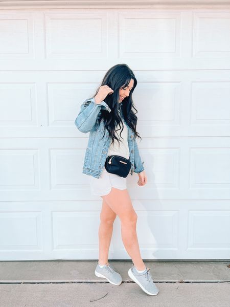 Spring casual outfit. Athletic shorts. Mint green tank with denim jacket. Wearing black belt bag from poppy and peonies. Gray new balance shoes. Long hair extensions from Donna Bella hair. Mom outfit for spring. Mom style and fashion. Ootd for moms. Simple style neutrals pink blush maternity  

#LTKSeasonal #LTKfit #LTKitbag