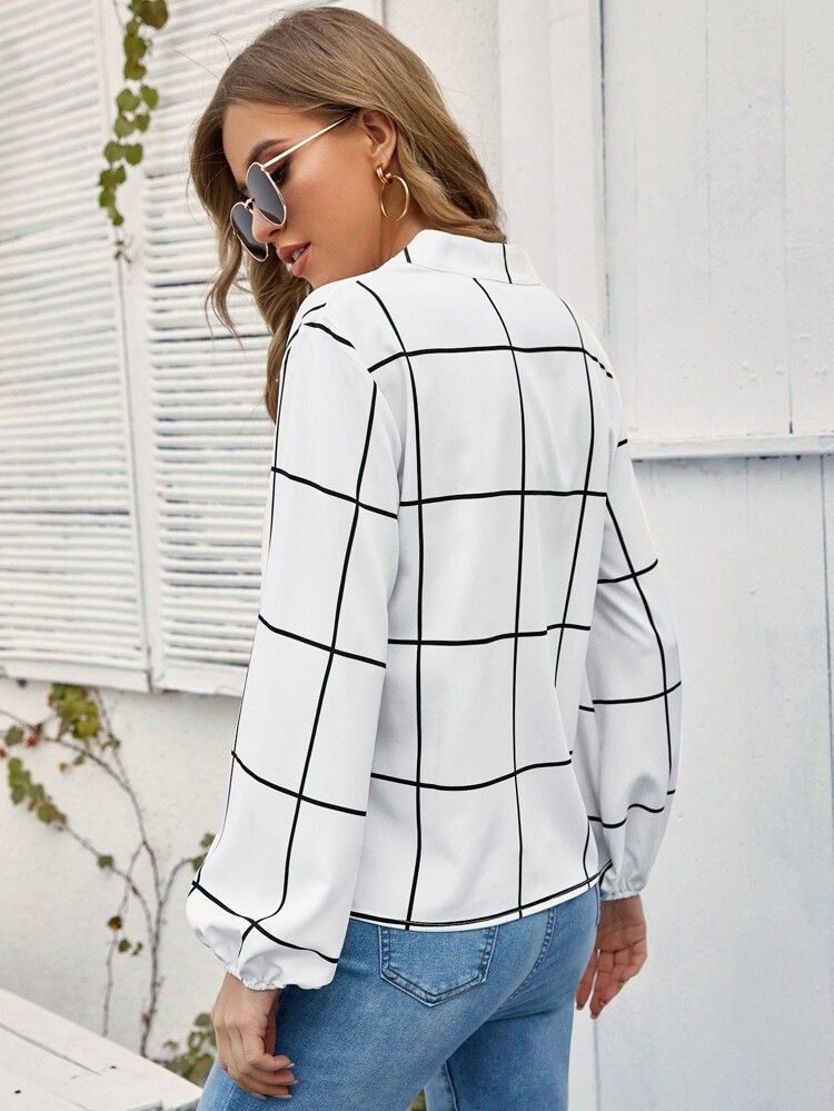 Windowpane Plaid Notched Neck Blouse | SHEIN