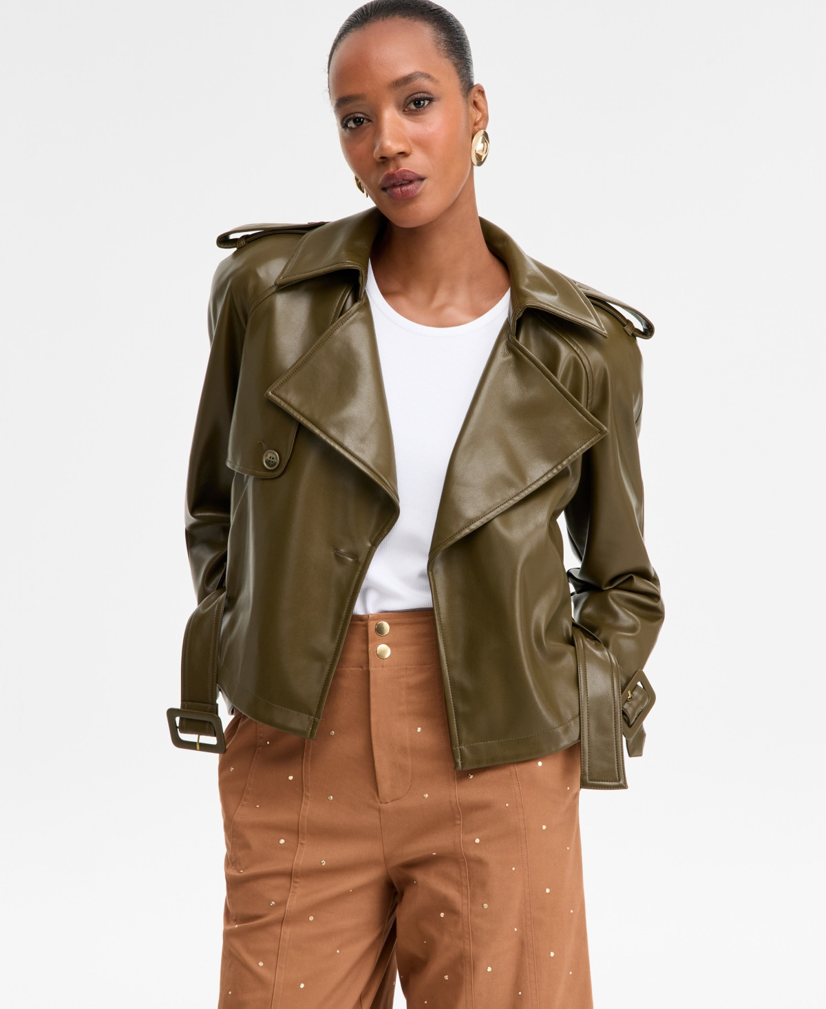 I.n.c. International Concepts Women's Faux-Leather Biker Jacket, Macy's Exclusive - Dark Olive | Macy's