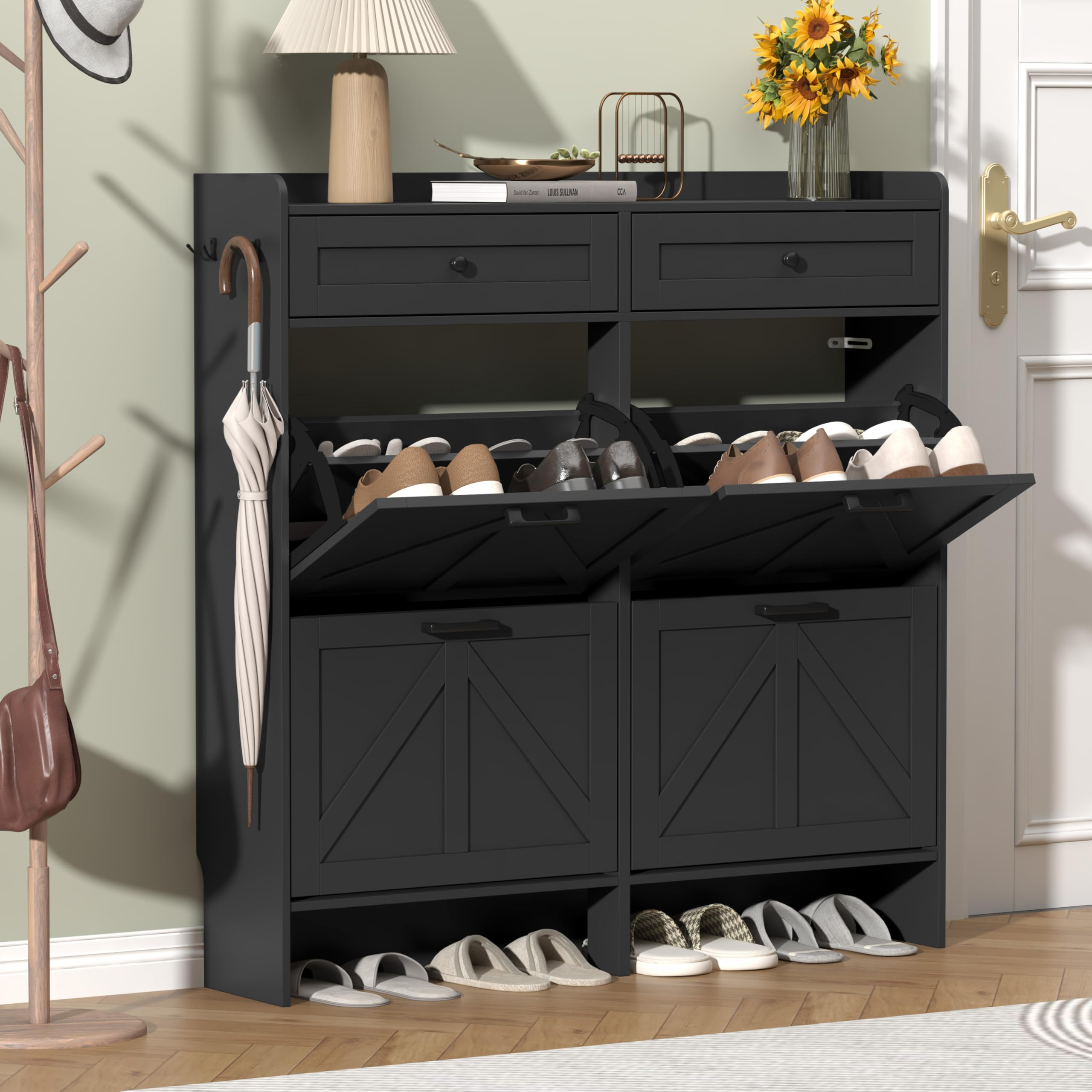 Shoe Cabinet with 4 Flip Drawers & 2 Storage Drawers, Rustic Farmhouse Narrow Shoe Organizer Cabi... | Amazon (US)