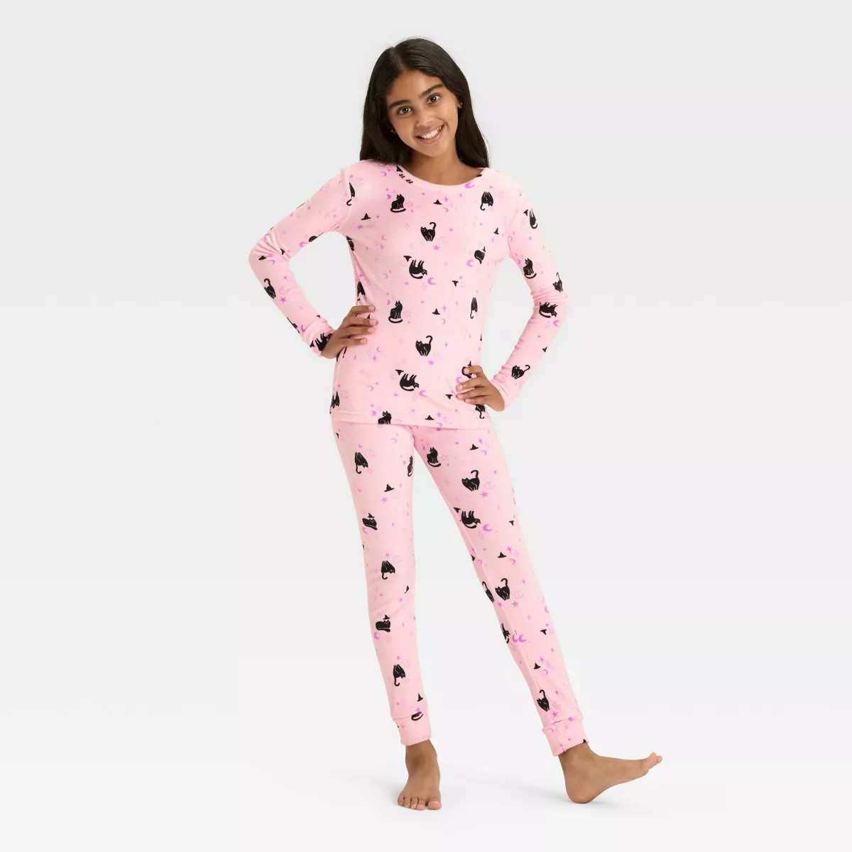 Kids' Long Sleeve Halloween Witch Cats Snuggly Soft Pajama Set - Cat & Jack™ Pink | Target