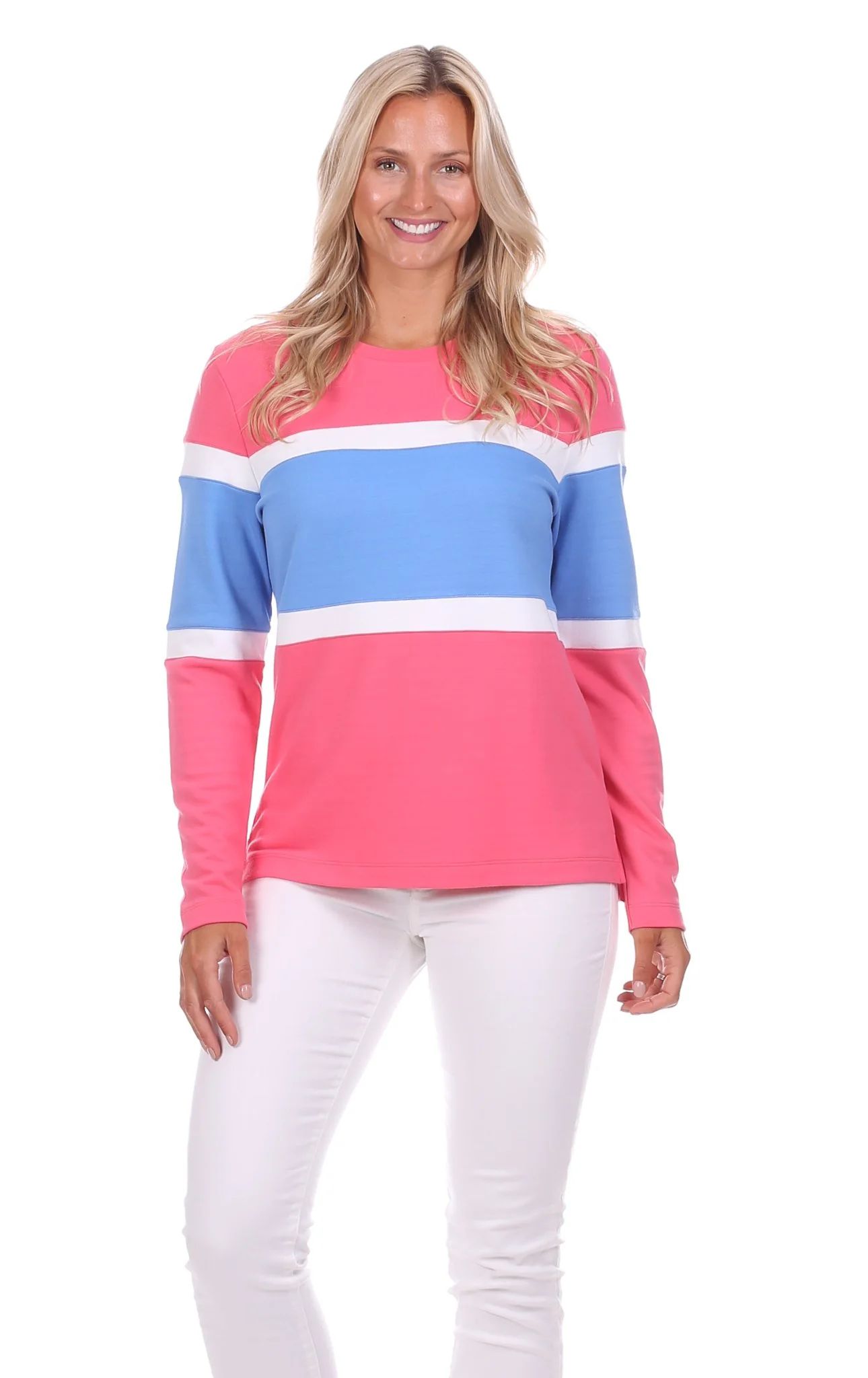 Cynthia Colorblock Pullover in Strawberry, White & Hydrangea | Duffield Lane