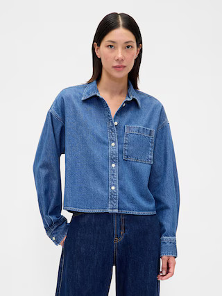 UltraSoft Denim Oversized Straight-Hem Crop Shirt | Gap (US)