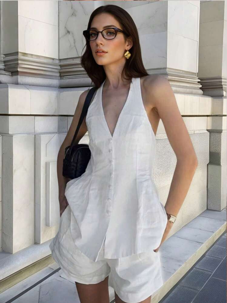 2pcs/Set Women's Summer Casual Solid Color Halter Top And Shorts Suit | SHEIN