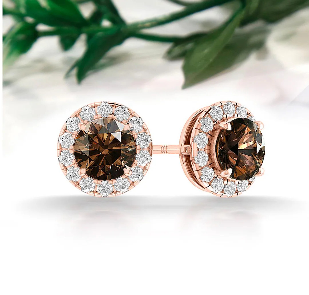 Brown Diamonds Halo Earrings 18K Yellow Gold Vermeil Everyday Diamond Earrings | Romantic Birthda... | Etsy (Global)
