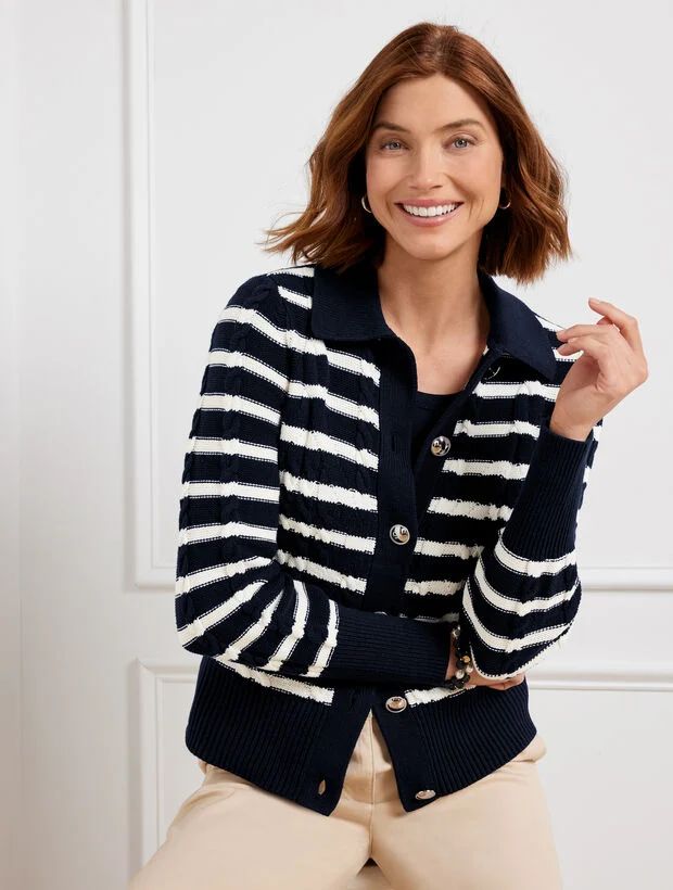 Cable Knit Collared Cardigan - Stripe | Talbots