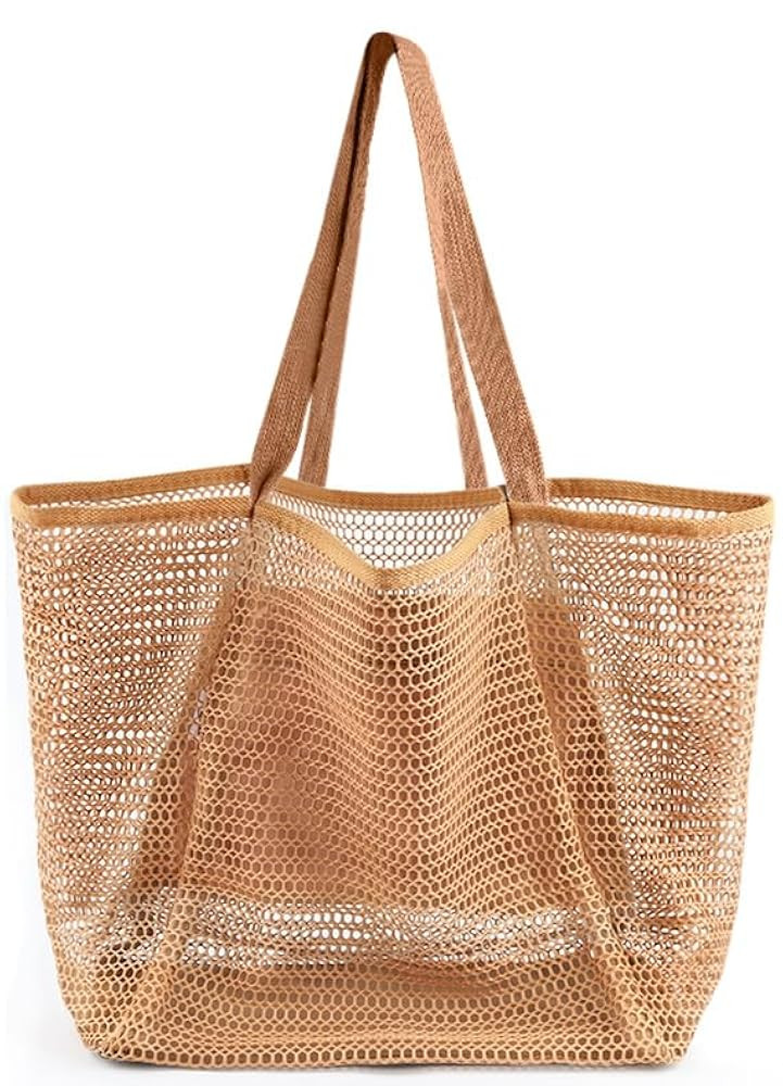 Beach Bags for Women, Summer Travel Mesh Tote Bag with Large Inner Pocket, Sandproof Woven Should... | Amazon (US)