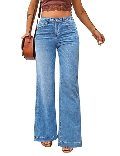 Luvamia 2024 Wide Leg Jeans for Women - High Waist Stretchy Classic Baggy Flare Jeans - Indigo Medium Blue Size 12 to 14 | Amazon (US)
