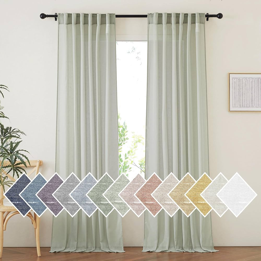 NICETOWN Linen Sheer Sage Green Curtains for Bedroom, Rod Pocket & Back Tab Semi Sheer Faux Linen... | Amazon (US)