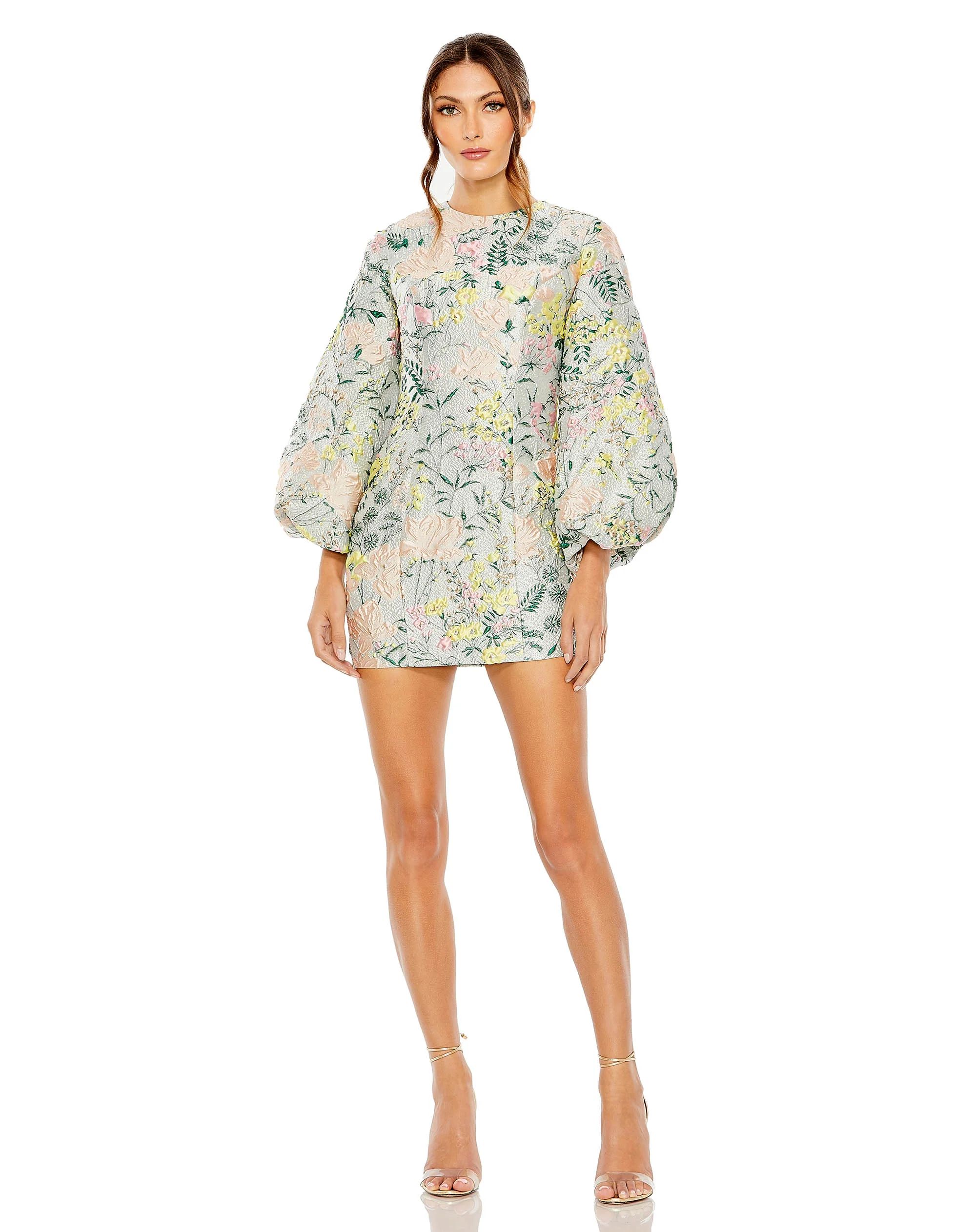 Floral Brocade Puff Sleeve Fitted Mini Dress | Mac Duggal
