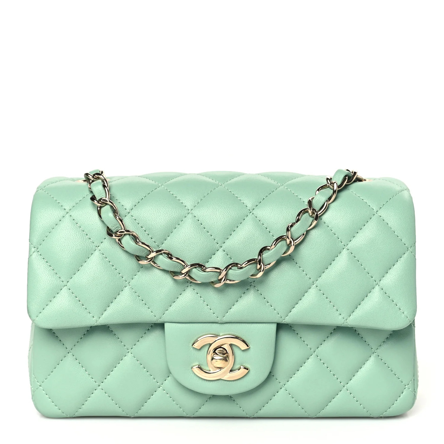 Lambskin Quilted Mini Rectangular Flap Light Green | FASHIONPHILE (US)