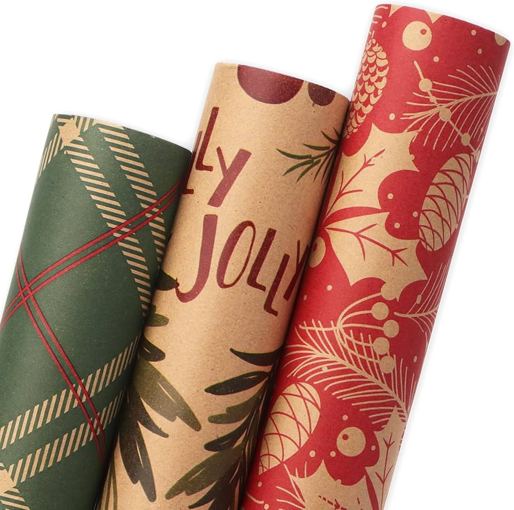 Ribbli Christmas Wrapping Paper Holly Jolly Red Green Kraft Paper 3 Rolls Vintage Christmas Print... | Amazon (US)