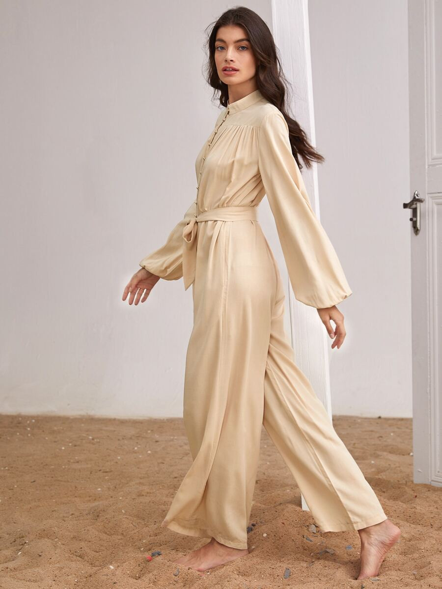 Mock Neck Lantern Sleeve Belted Wide Leg Jumpsuit | SHEIN