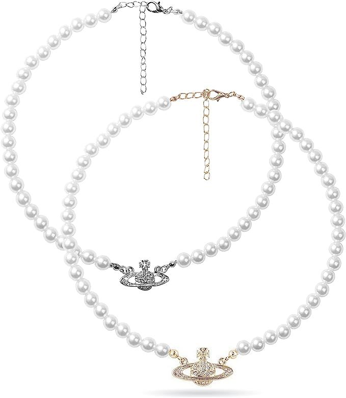 Amazon.com: 2PCS Saturn Artificial Rhinestone Pearl Necklace Set White Crystal Jewelry Lady Charm... | Amazon (US)