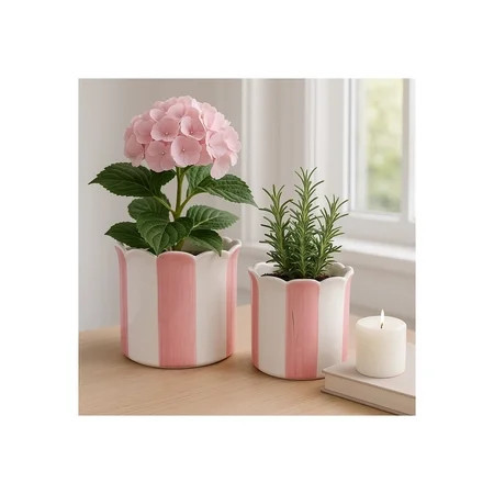 Decorative Striped Scallop Edge Planters Accent - Cute Flower Pots Ideal for Indoor or Outdoor Plant - Whimsical Garden, Home Decor, and Living Room Pots for Plants - Set of 2, 7", 6", Pink & White | Walmart (US)