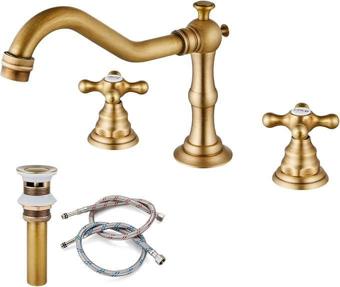 Bathroom Sink Faucet Widespread Double Cross Knobs Antique Brass 3 Hole Mixing Tap Deck Mount wit... | Amazon (US)