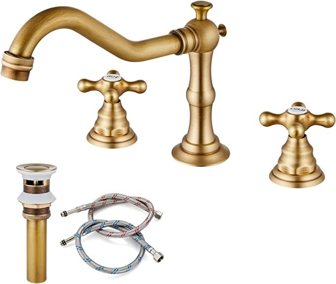 Bathroom Sink Faucet Widespread Double Cross Knobs Antique Brass 3 Hole Mixing Tap Deck Mount wit... | Amazon (US)