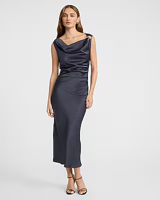 Satin Cowl Neck Hardware Ruched Midi Dress | Express