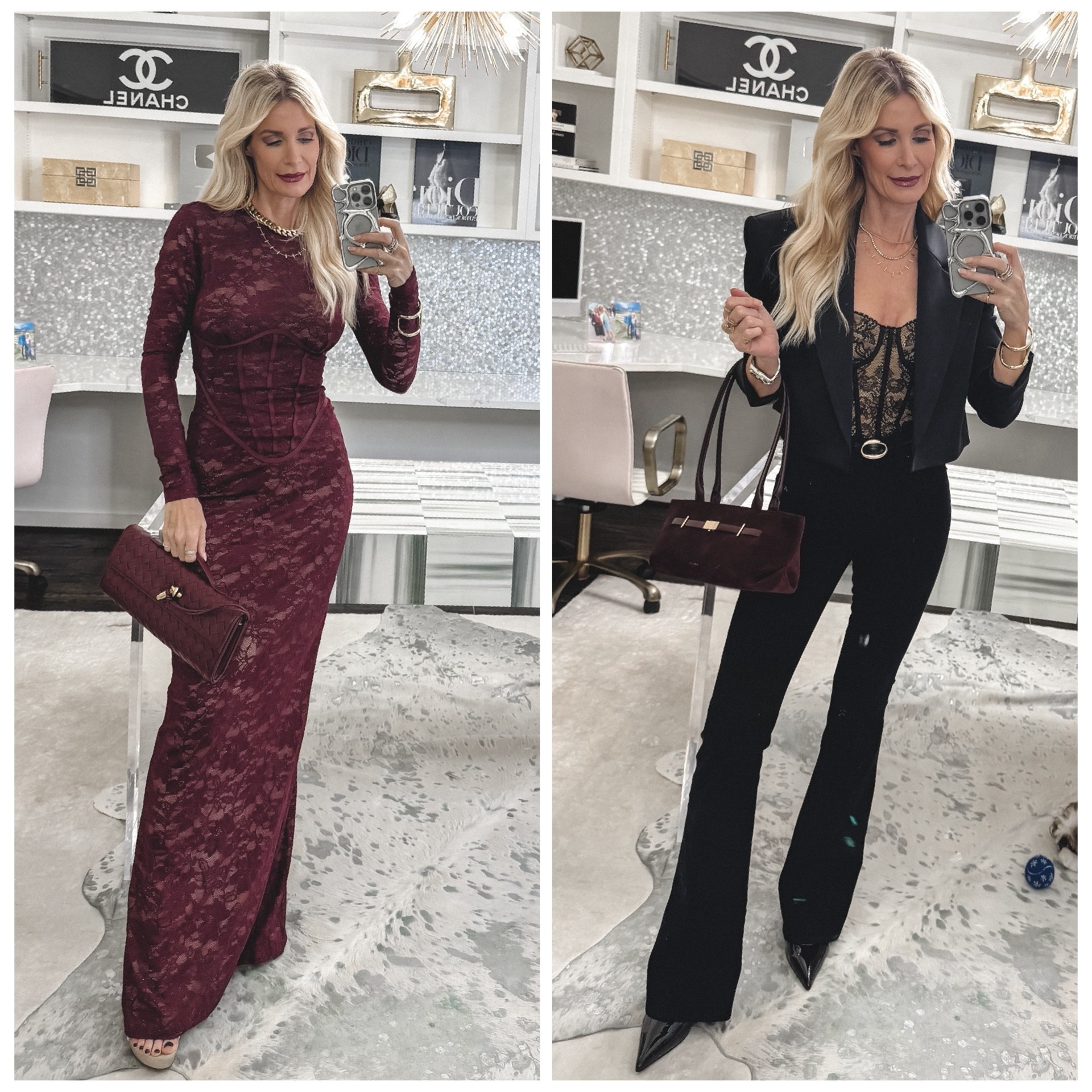 Two looks that are PERFECT for a night out… which one would you wear? 🖤🍷✨

LOOK #1:
This long burgundy lace maxi dress is an absolute showstopper. ✨
The color is so rich and elegant, and it has a nude slip underneath, so you get that gorgeous lace moment without it being see-through. The fit is seriously impeccable… flattering in all the right places.

LOOK #2:
If you want slim + legs for days… this is the one. 🔥
These Veronica Beard black skinny flares are hands down one of the most slimming denim silhouettes I’ve ever worn. Paired with a lace bustier and a fabulous cropped satin blazer for that edgy-but-polished vibe.


Which look are you wearing on a night out — #1 or #2? 👇

Everything runs true to size:
Dress: XS
Blazer: XS
Jeans: 24



#LTKValentine #LTKOver40 #LTKgrwm