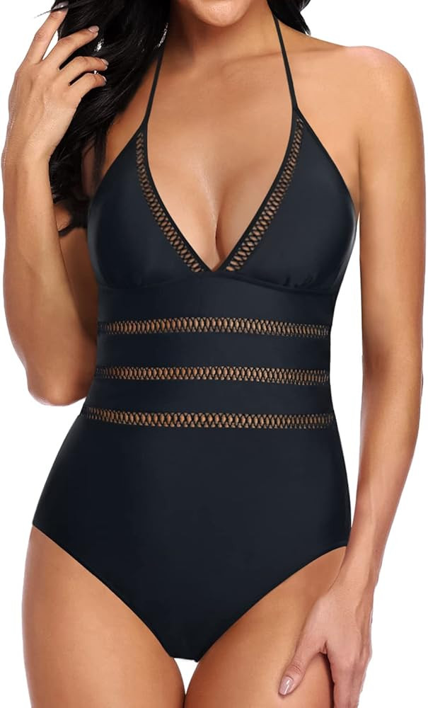 Tempt Me Women Sexy One Piece Swimsuit Halter Plunge V Neck Swimwear Hollow Out Bathing Suit | Amazon (US)