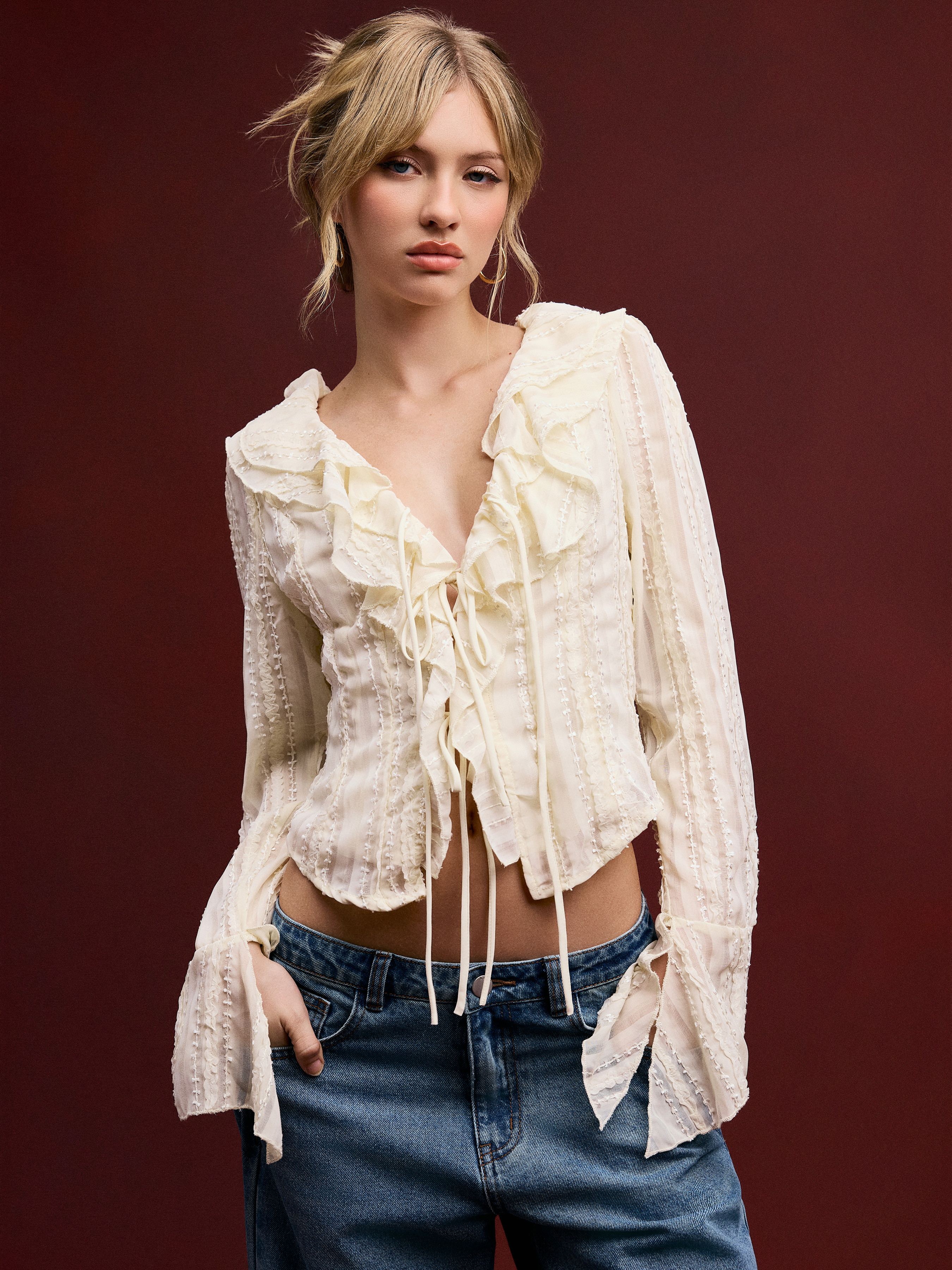 Woven V-neck Long Sleeve Ruffle Trim Tie Front Bow Blouse For Daily Casual | Cider
