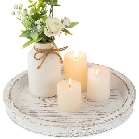 Hanobe Candle Plate Holder Tray: Round White Wooden Decorative Trays Decor, Farmhouse Candle Trays for Pillar Candles Home Kitchen Decor Counter Table Centerpiece | Walmart (US)
