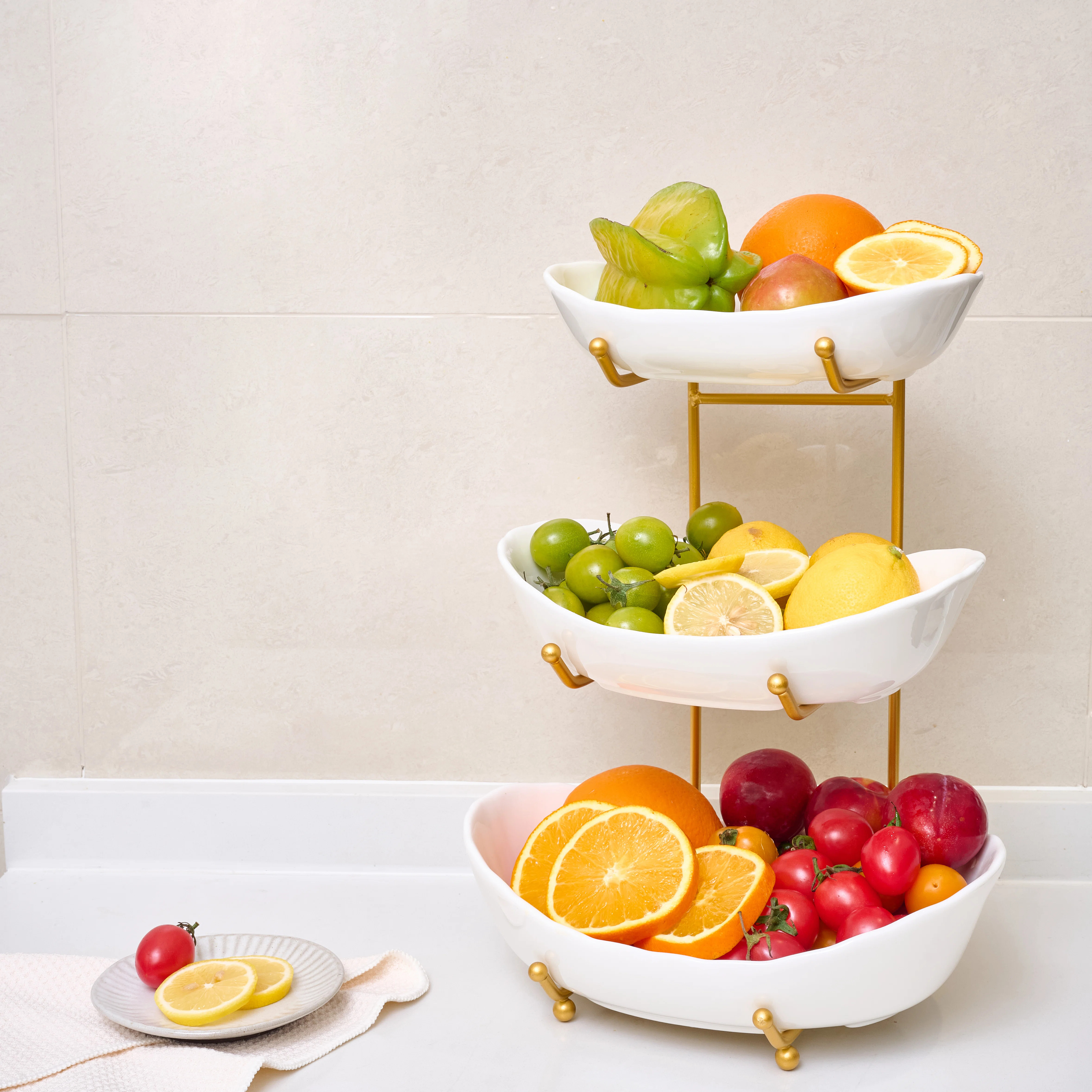 Modern 3-Tiered Ceramic Fruit&Dessert & Snack Bowl With Metal Stand | Wayfair North America