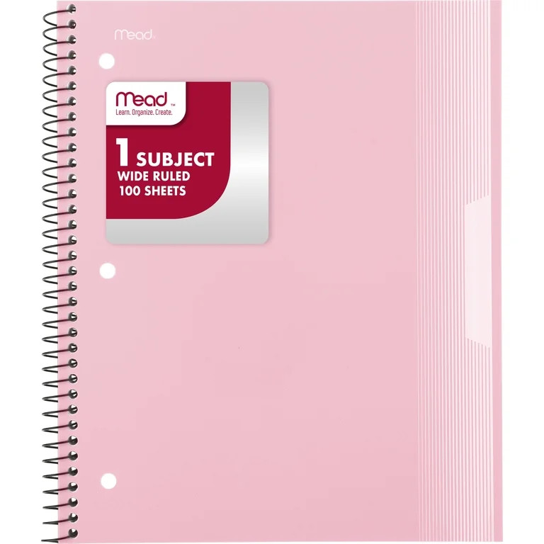 Mead 1 Subject Wide Ruled Notebook, 8" x 10.5", Pastel Pink, Poly, Spiral, 100 Sheets | Walmart (US)