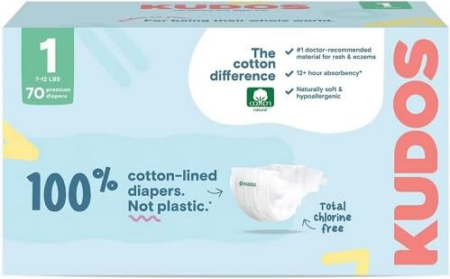 Kudos Chlorine Free Premium Diapers, Cotton-Lined, Size 1, 70 Count, 7-12 lbs | Amazon (US)