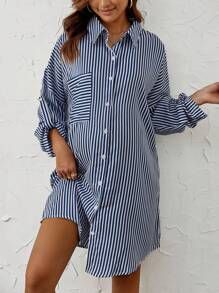 SHEIN Maternity Striped Print Drop Shoulder Shirt Dress | SHEIN
