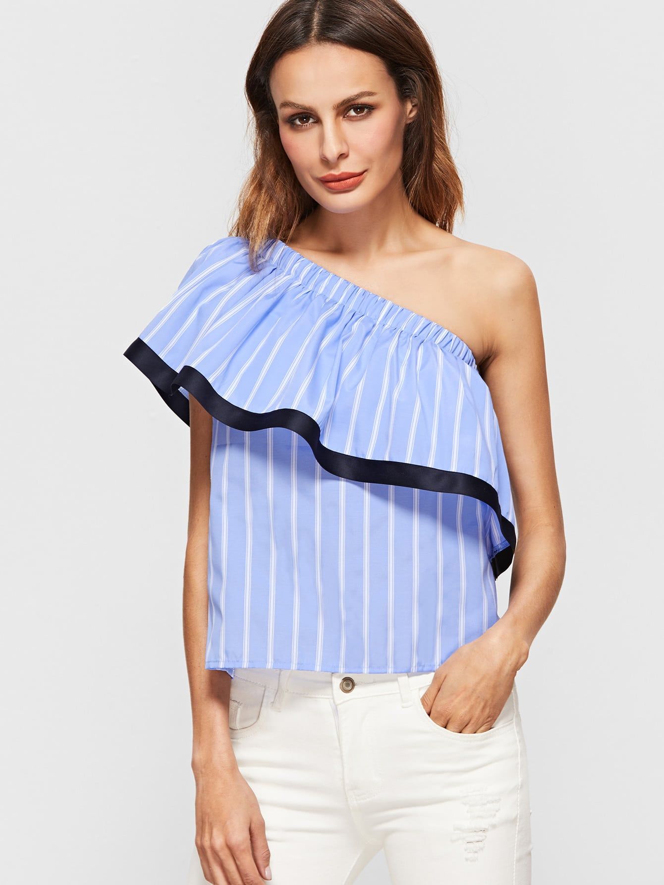 Blue And White Striped Contrast Trim One Shoulder Ruffle Top | SHEIN