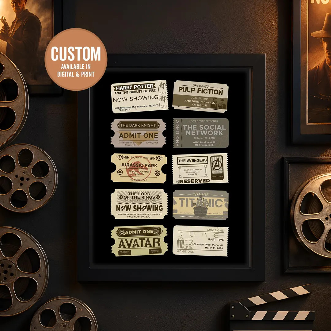 Custom Retro Movie Ticket Wall Art With Movie Logo | Framed Cinema Print for Home Theater, Birthd... | Etsy (US)