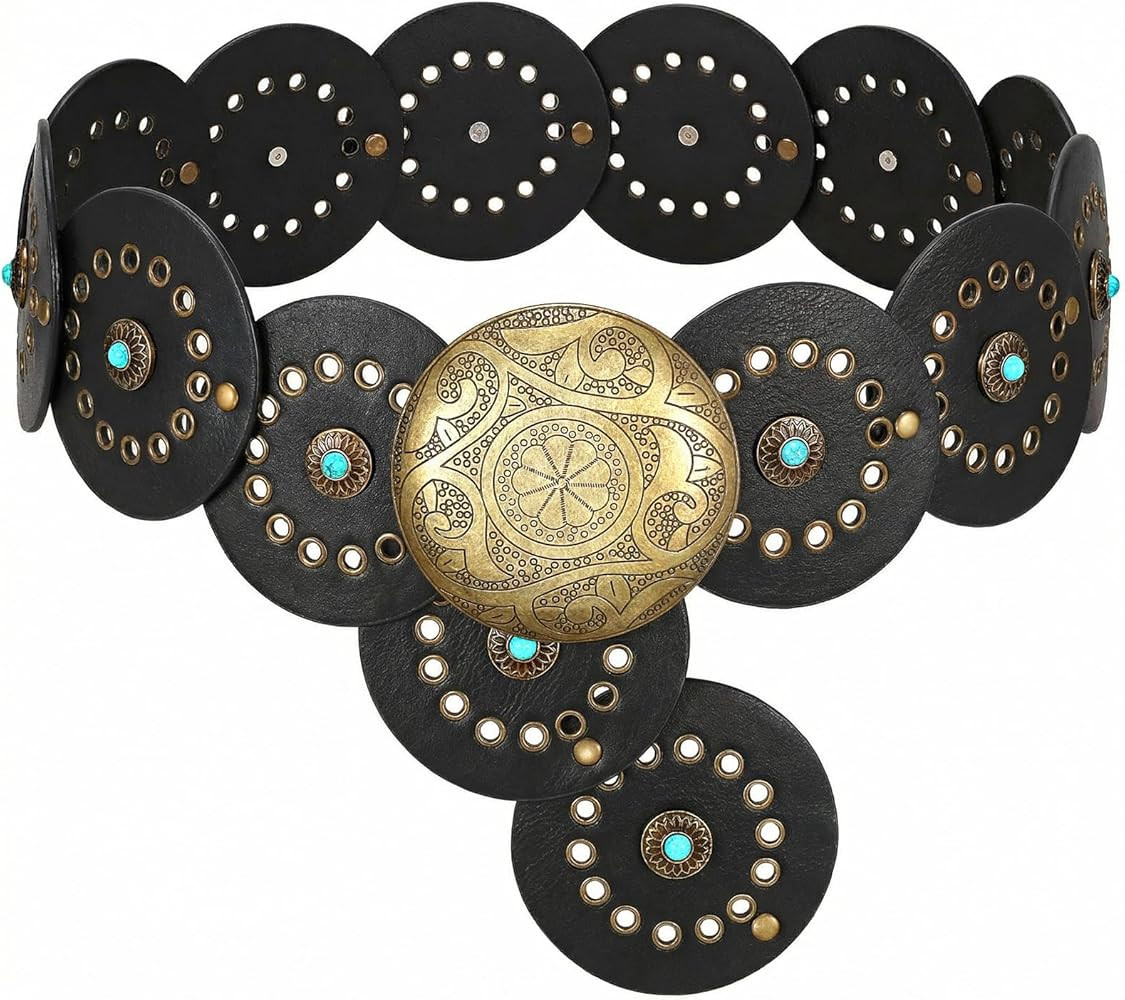 SUOSDEY Women's Wide Western Leather Concho Belt Vintage Cowgirl Boho Disc Belt for Dresses, Jean... | Amazon (US)