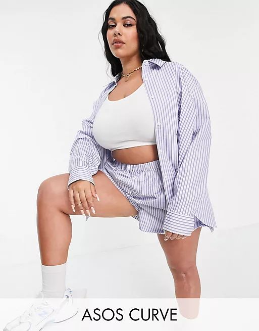 ASOS DESIGN Curve cotton poplin shirt and short co-ord in blue stripe | ASOS | ASOS (Global)